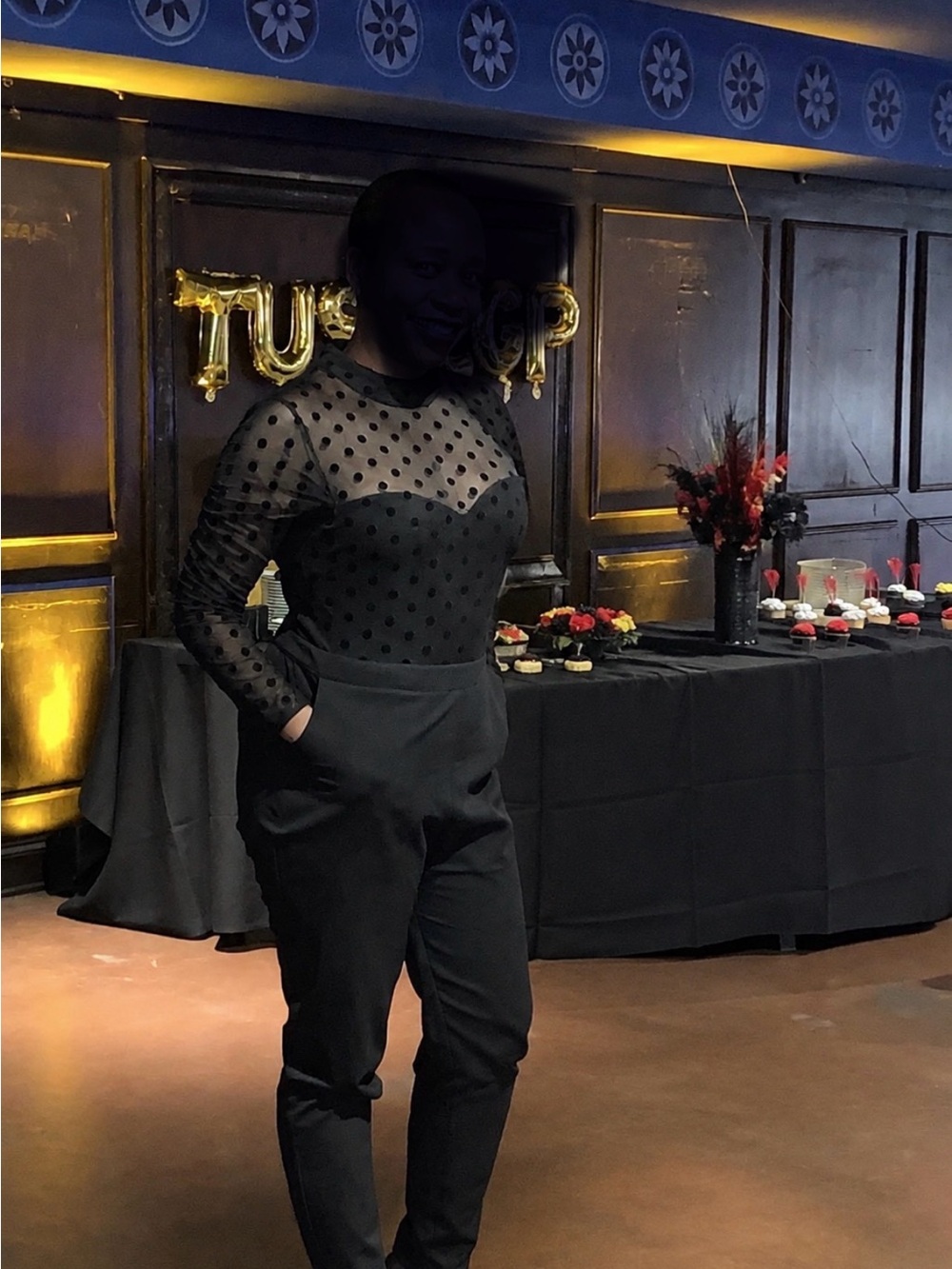 French Connection Black Polka-Dot Mesh Jumpsuit